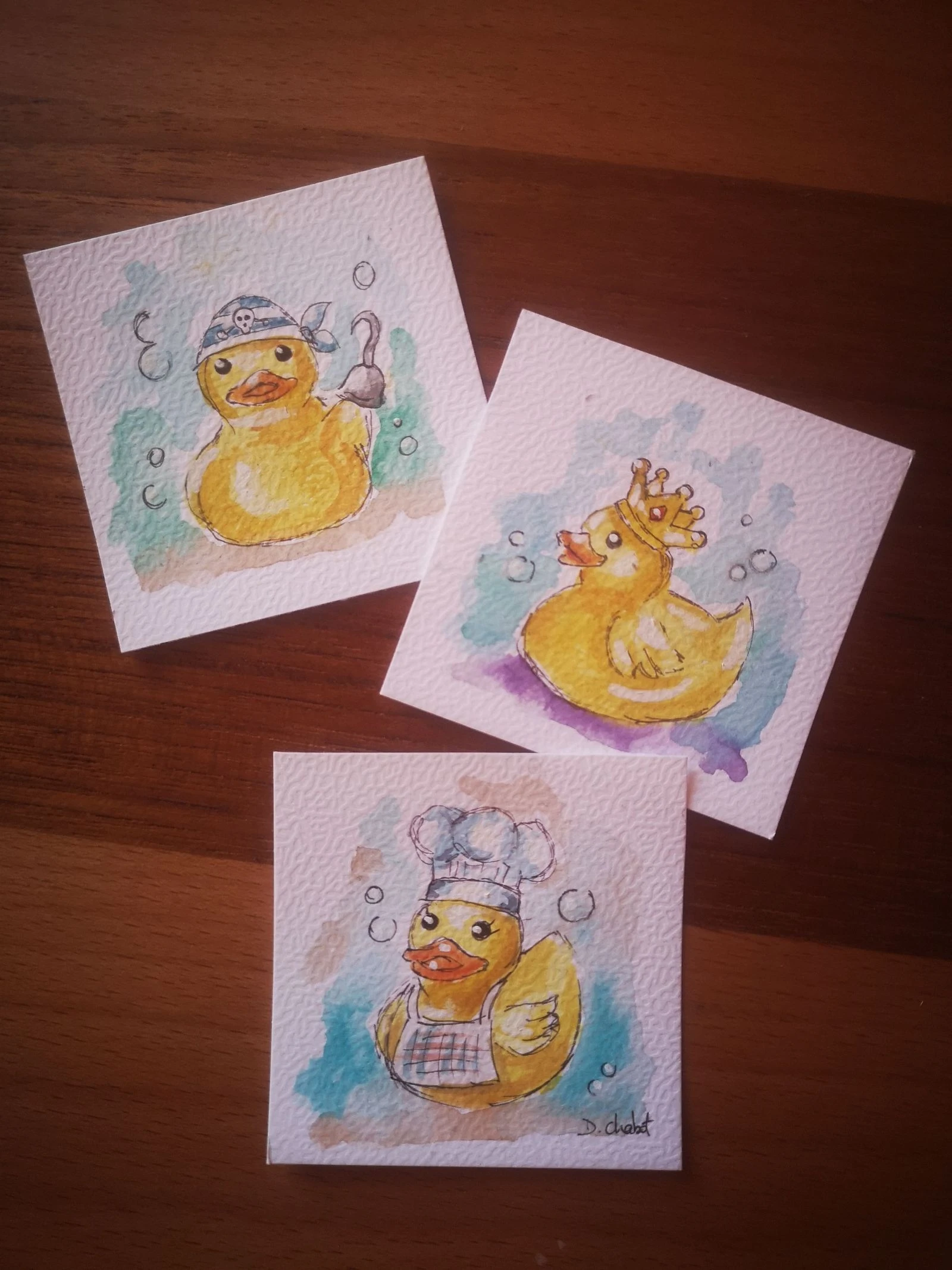 Trio de minis aquarelles peintes à la main "mes 3 petits canards" 